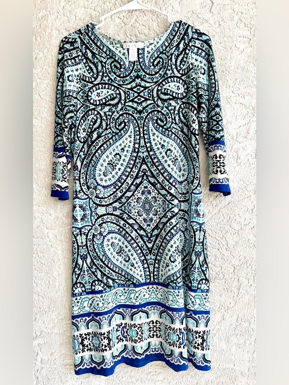 London Times Blue & White Paisley Long Sleeve Midi Dress